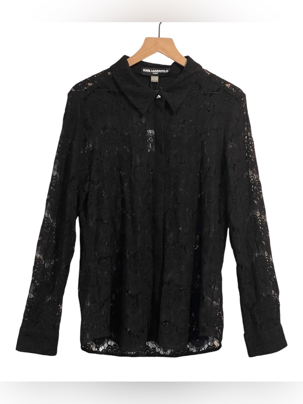 NWT Karl Lagerfeld Black Sheer Lace Collared Button Up Blouse, Long Sleeve, L
